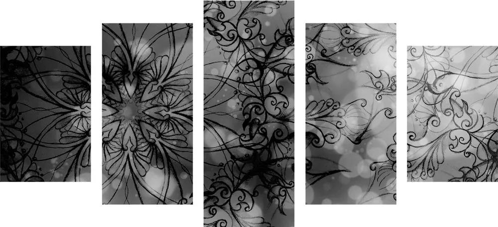 5-dielny obraz kvetinová Mandala v čiernobielom prevedení - 200x100