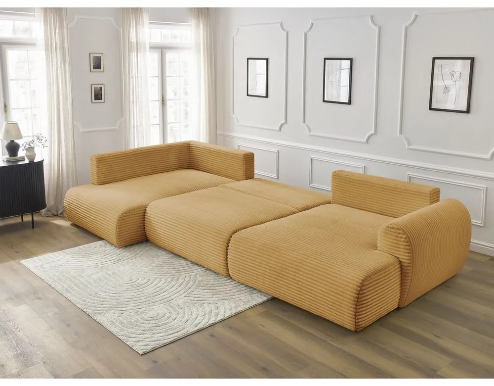 Menčestrová rozkladacia/s úložným priestorom rohová pohovka v horčicovej farbe (ľavý roh/do tvaru "U") Lucien – Bobochic Paris