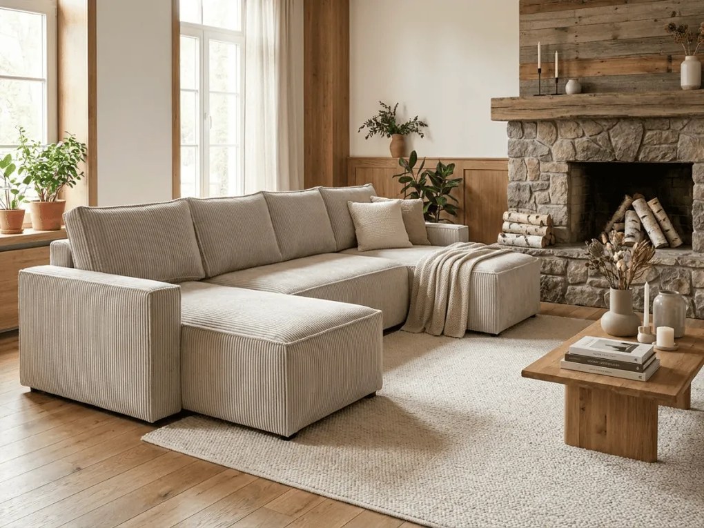AKCIA Svetlobéžová sedacia súprava do U SMART COSARO 295x140 cm II. akosť