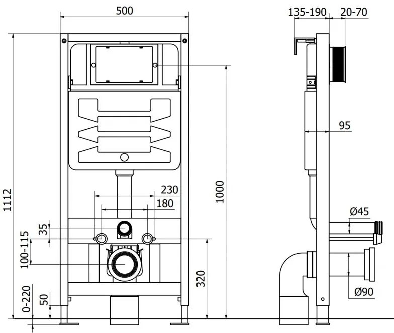Mexen Fenix Air Slim, podomietkový modul s pneumatickým splachovaním pre závesné WC h112 w50 cm, 6A100