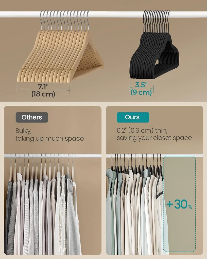 SONGMICS zamatové vešiaky, 50 kusová sada vešiakov na oblečenie, atramentovo čierna