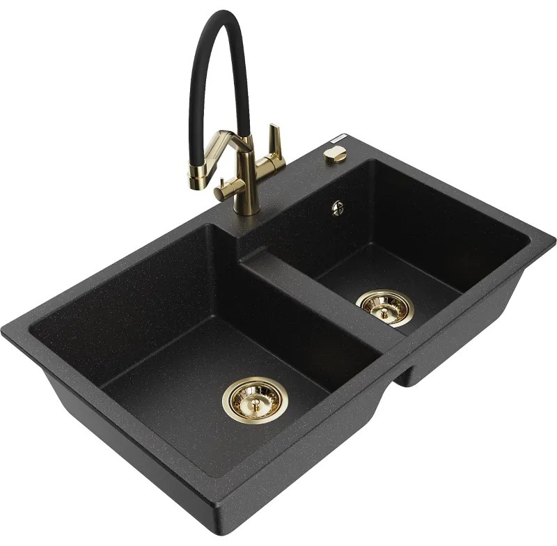 Mexen Tomas, 2-komorový granitový drez 800x500x190 mm a kuchynská batéria Duo, čierna-strieborná metalíza, 6516-73-671701-57-G