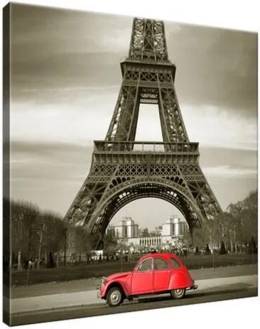 Obraz na plátne Červené auto pred Eiffelovou vežou v Paríži 30x30cm 3533A_1AI