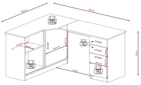 Písací stôl s poličkou a zásuvkami ROBERTO, pravostranný, dub artisan/biela
