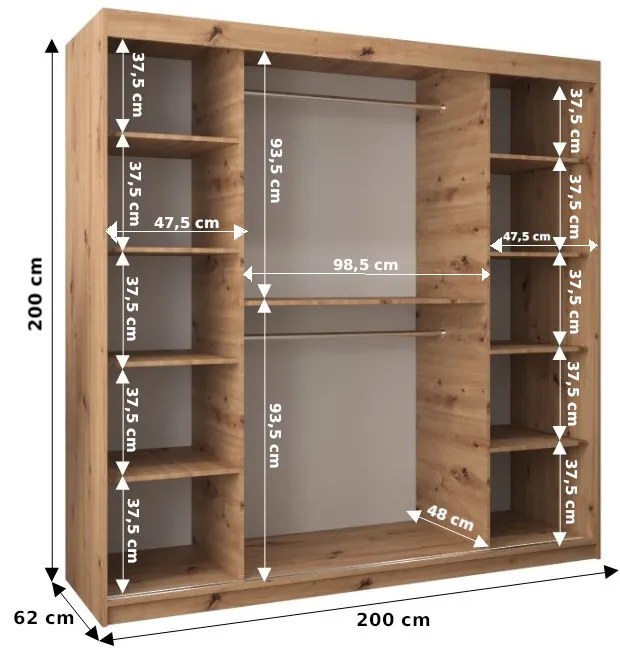 Šatníková skriňa 200 cm Milain (dub artisan). Akcia -19%. Vlastná spoľahlivá doprava až k Vám domov. 1126009