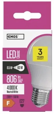 EMOS LED žiarovka, E27, A60, 9W, 806lm, neutrálna biela / denné svetlo