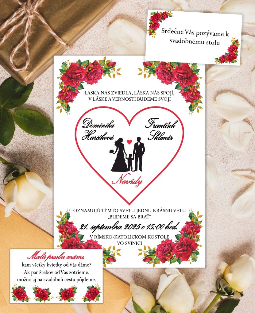Svadobné oznámenie - Červené ruže 54 - Svadobné menu(kartičky na stoly