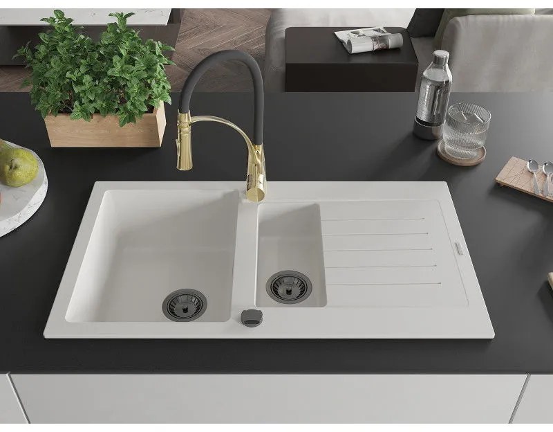 Mexen Matias, granitový drez 900x505x200 mm, 1,5-komorový a drezová batéria Aster, biela, 6502-20-73450-57-B