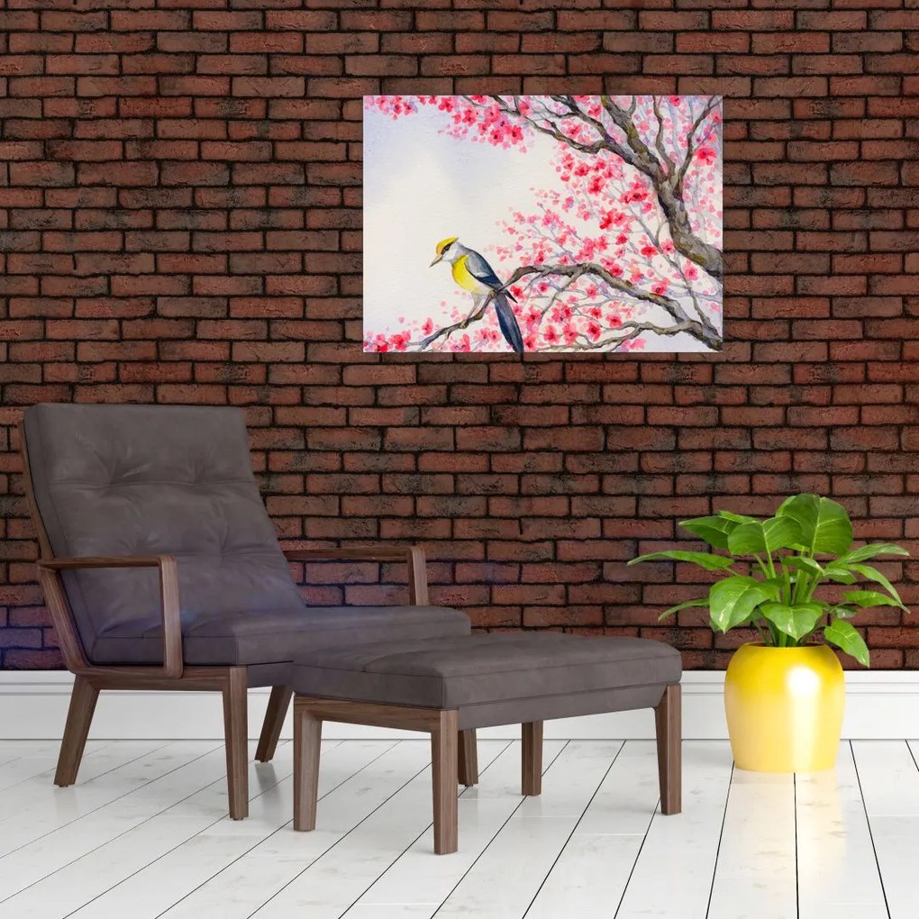 Sklenený obraz - Vtáčik na strome s červenými kvetmi (70x50 cm)
