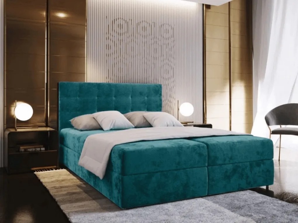 Čalúnená posteľ boxspring GLORIEN VELVET 180x200 cm tyrkysová Matrac: Bonell pružinová matrac