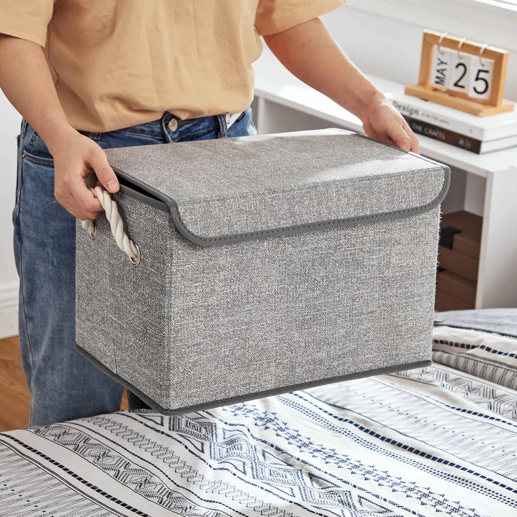 Úložné boxy s vekom, sada 3 ks, textilné, sivé