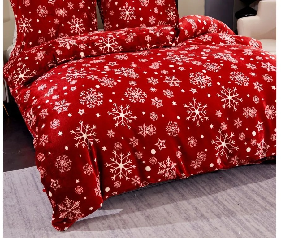 Sada mikroplyšových obliečok SNOWFALL červené + obliečka mikroplyš SOFT 90x200 cm biele, jednolôžko