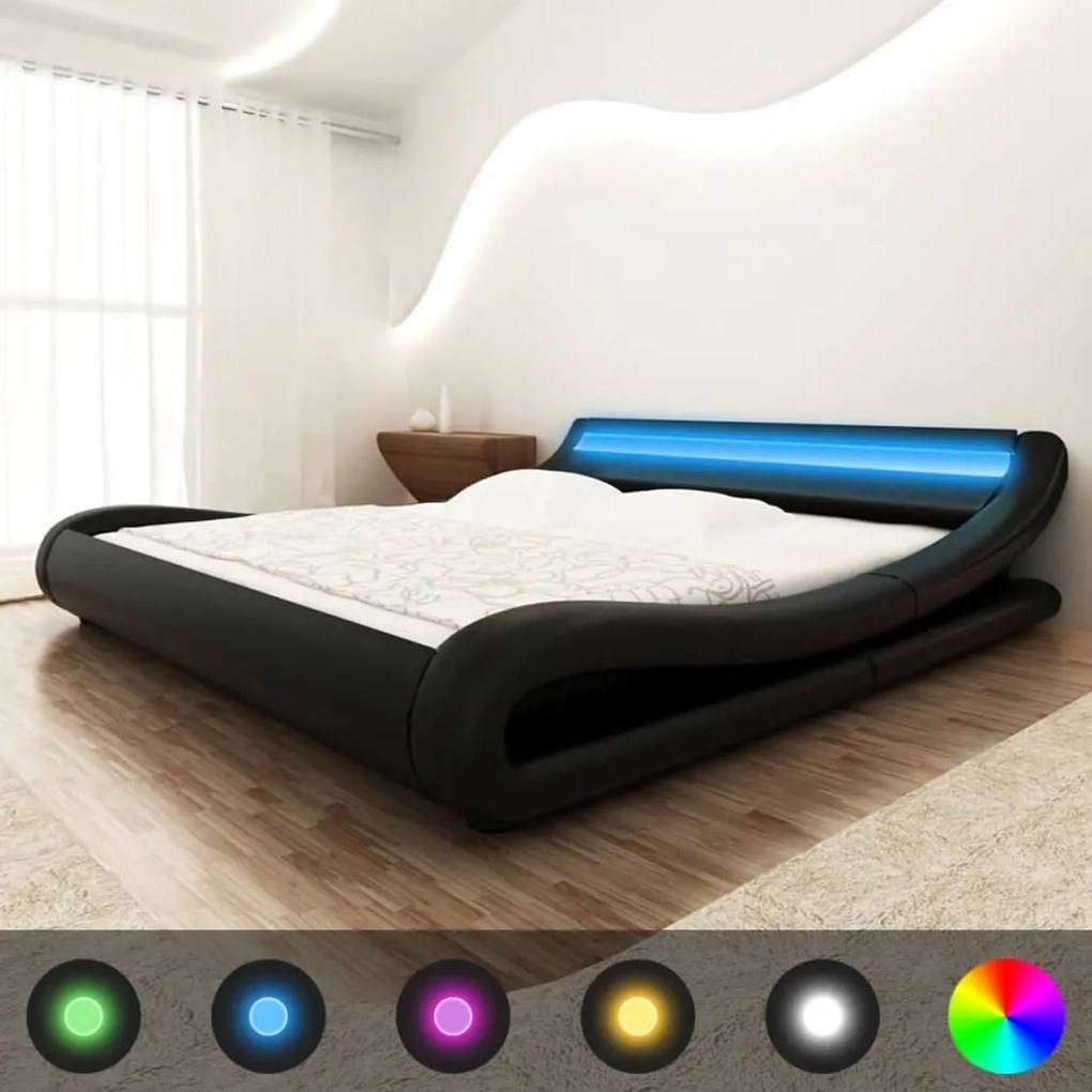 vidaXL Vlnitá posteľ s LED pasom a matracom, umelá koža, 180x200 cm, čierna