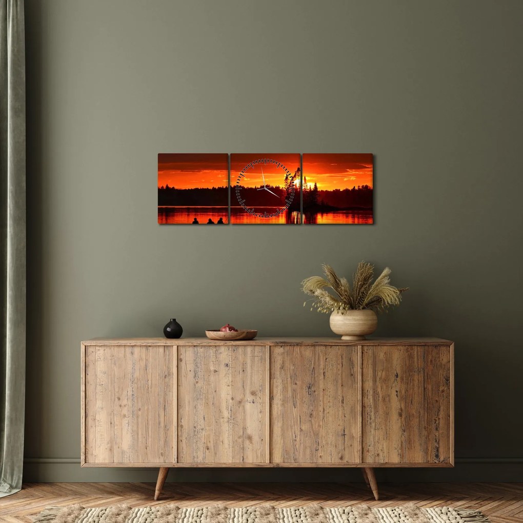 Obraz - Rybári na jazere (s hodinami) (90x30 cm)