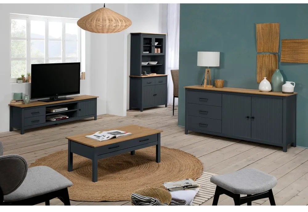 Tmavomodrá nízka komoda z borovicového dreva 150x80 cm Miranda – Marckeric
