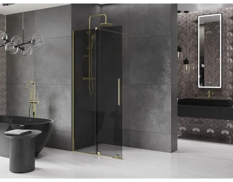 Mexen Velar, sprchová zástena s posuvnými dverami Walk-in 75 x 200 cm, 8mm šedé sklo, zlatá lesklá, 871-075-000-43-50