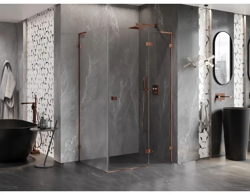 Mexen Lunar L, pravý výklopný sprchový kút 75 x 80 cm, 8mm číre sklo, ružové zlato profil, 834L-075-080-60-00-P