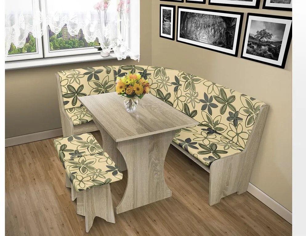 Nabytekmorava Jedálenská rohová lavica sa štokrlemi a stolom farba lamina: agát (akát), čalúnenie vo farbe: Alova čierna