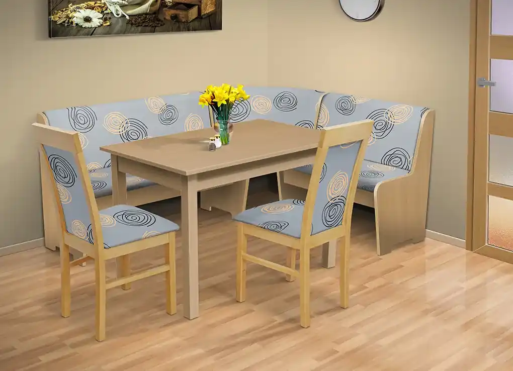 Jedálenská rohová lavica so stolom a stoličkami 140x180cm farba lamina: buk  381, farba čalouněnie: Mega 31 losos | Biano