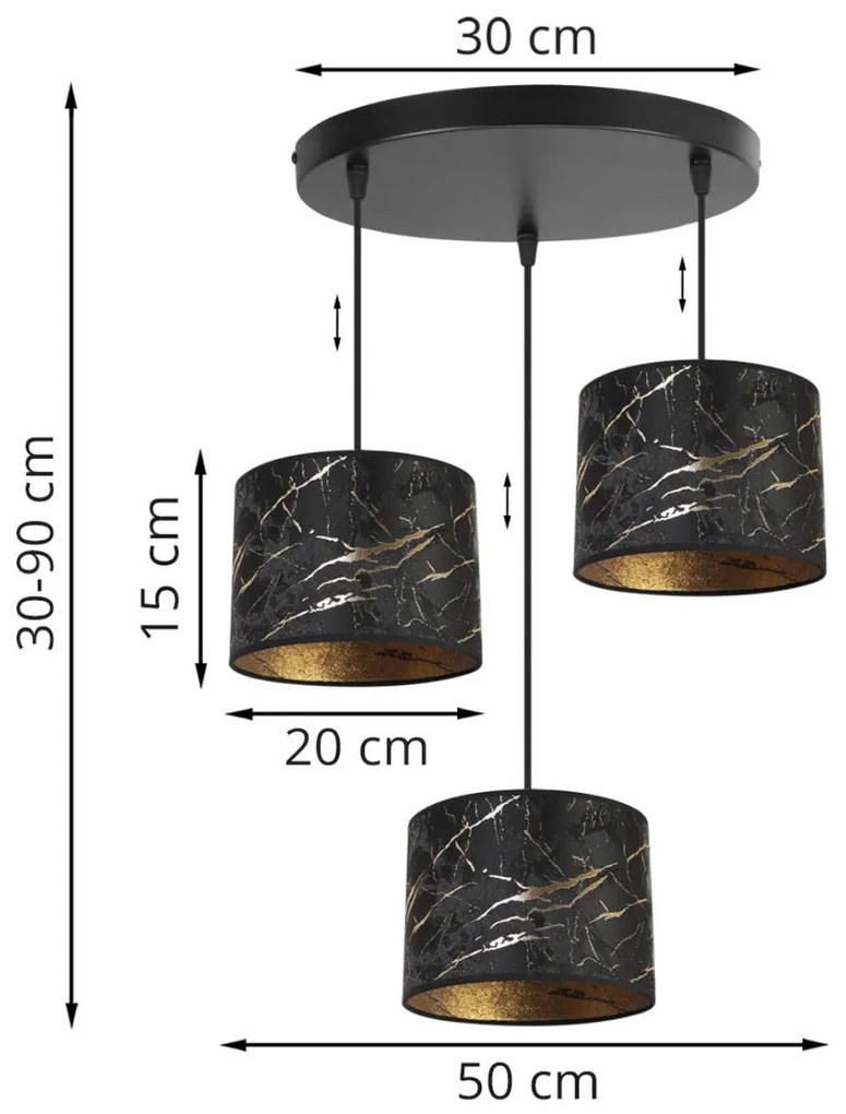 Závesné svietidlo Werona 3, 3x čierne textilné tienidlo so vzorom, o, g
