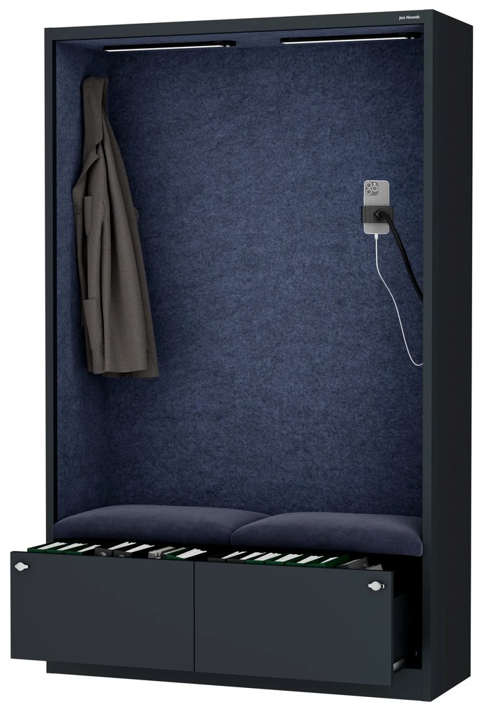 Kancelárska akustická kabína so sedadlom a portom USB-C, telo v antracitovej farbe / sedadlo v tmavomodrá farbe, 1150 mm: SALLY MentalBox