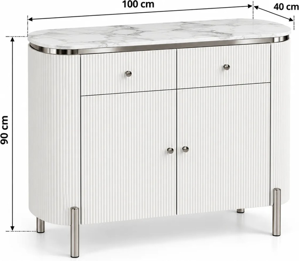KOMODA GASTON II STRIEBORNÉ NOHY + BIELA + MRAMOR 100 cm