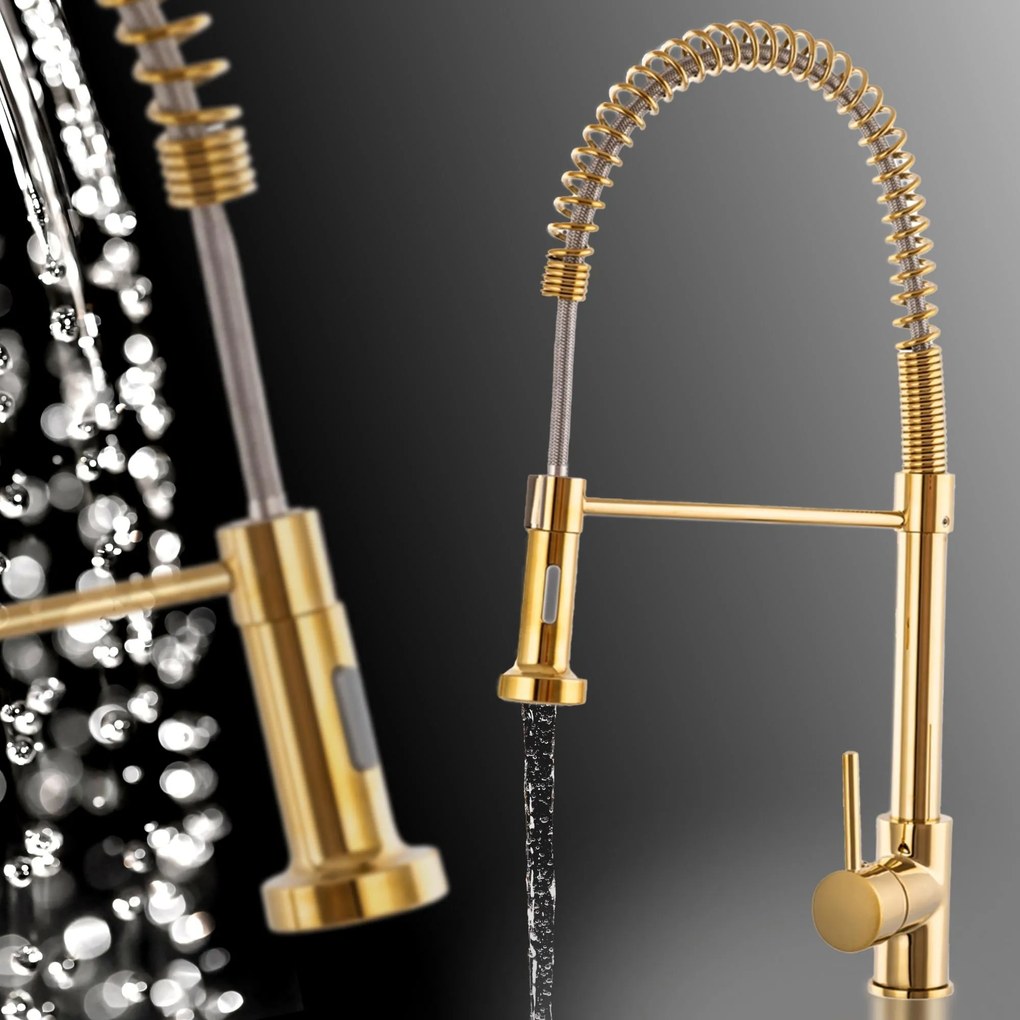 Gamma Spiral, stojanková drezová batéria s elastickou výlevkou, zlatá lesklá, GMA-BSL-GD