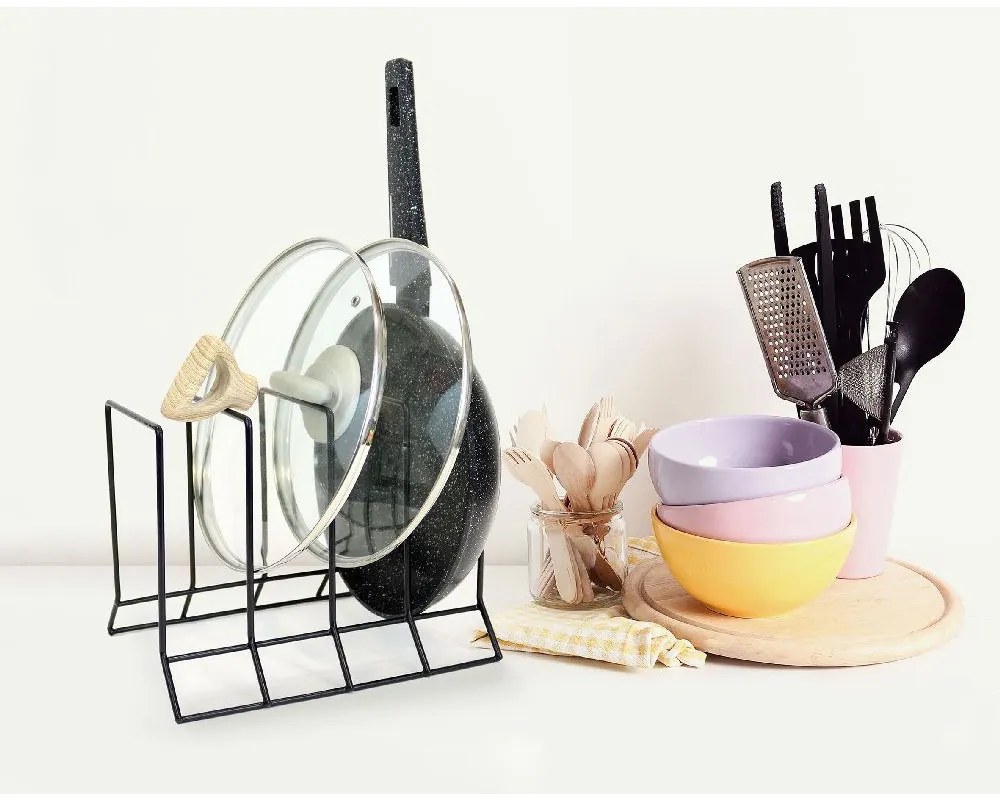 CONFORTIME Držiak, stojan na pokrievky, panvice, dosky, plechy – 4 pozície, čierny