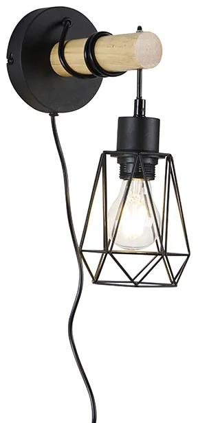 Vidiecka nástenná lampa čierna s drevom - Dami Frame