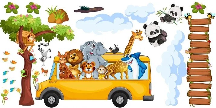 Nálepka na stenu pre deti veselé safari zvieratká v autobuse 100 x 200 cm