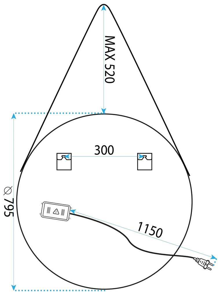 Tutumi Tutumi, okrúhle LED zrkadlo 80cm zavesené na čiernom pásiku, model 105, predné osvetlenie, HOM-02698