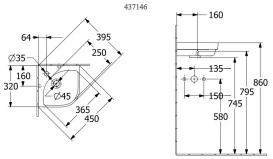 Villeroy & Boch 43714601 - Rohové závesné umývadlo SUBWAY 32x32 cm keramika/biela