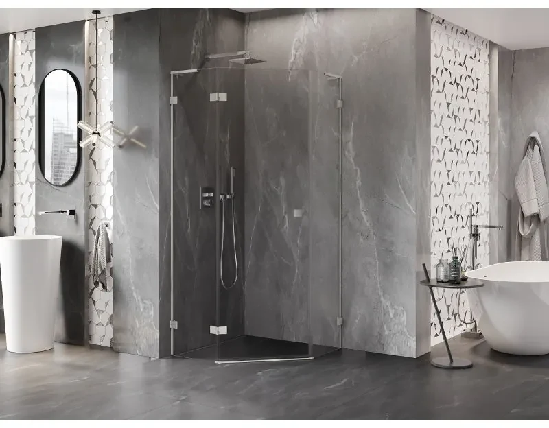 Mexen Lunar, L päťuholníkový sprchový kút naklápací doľava 80 x 80 cm, 8mm číre sklo, oceľový profil, 831L-080L-080P-97-00-L