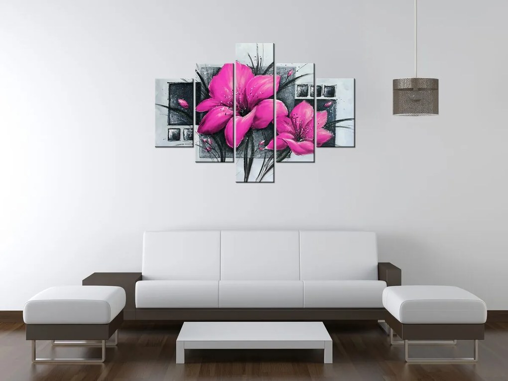 Gario Ručne maľovaný obraz Nádherné ružové Vlčie maky - 5 dielny Rozmery: 150 x 70 cm