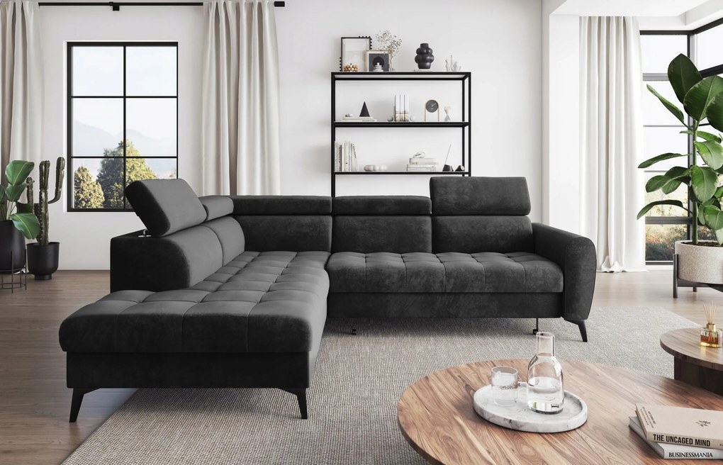 Moderný rohový gauč s funkciou spania Bjorn L, grafitový, ľavostranný.