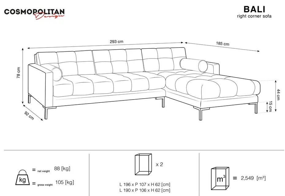 Tmavosivá zamatová rohová pohovka Cosmopolitan Design Bali, pravý roh