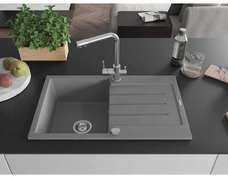 Mexen Bruno, 1-komorový granitový drez s odkvapkávačom 795x495x200 mm a chrómová batéria Duero, šedá, 6513-71-671600-00