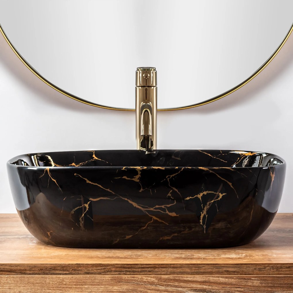 Rea Belinda Marble, umývadlo na dosku 47x34 cm, čierna lesklá-vzor Marble, REA-U8907