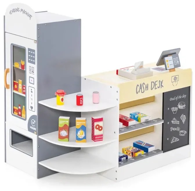 Hracia súprava detského supermarketu s pokladňou a pokladničným automatom a predajným automatom a bielou tabuľou