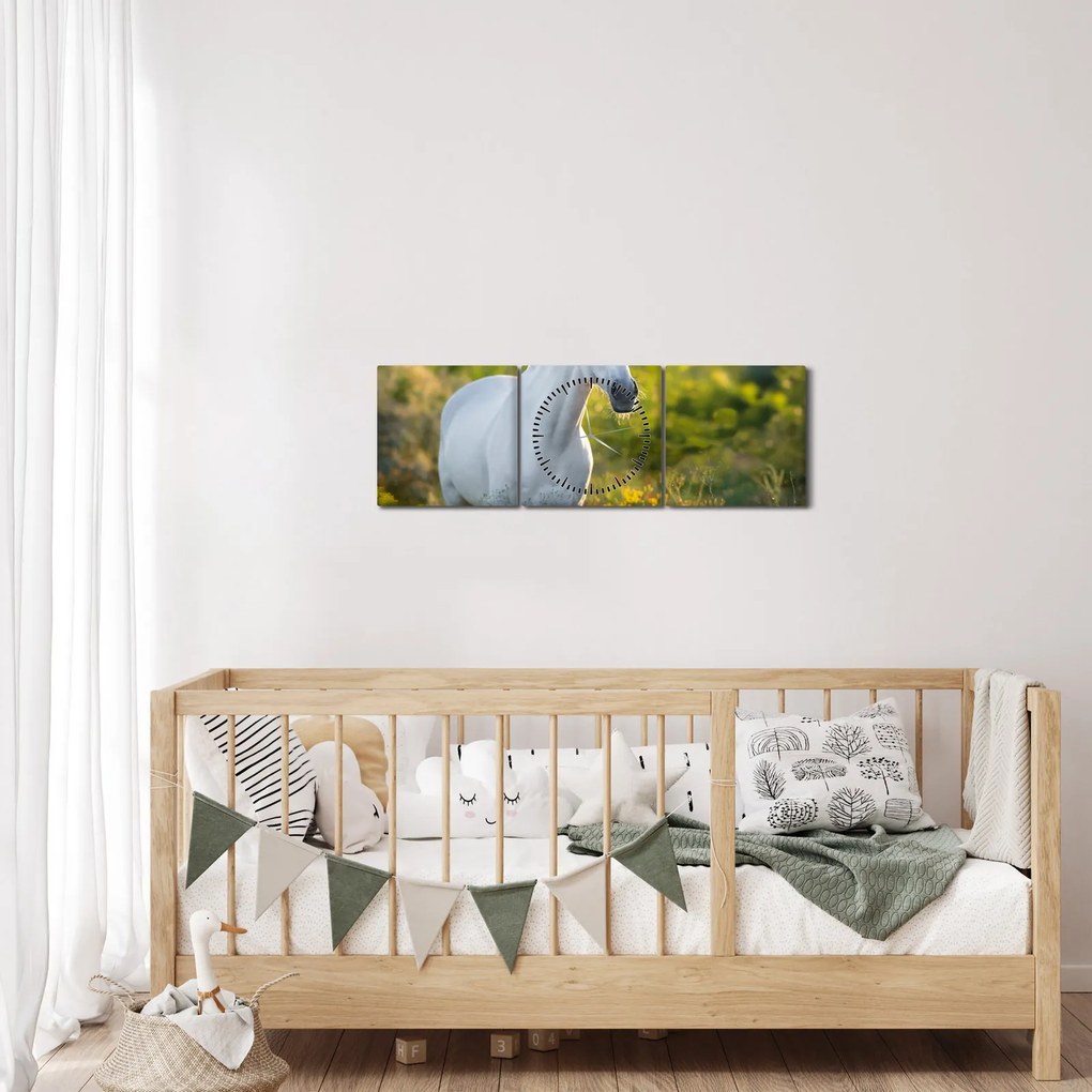 Obraz bieleho koňa na lúke (s hodinami) (90x30 cm)
