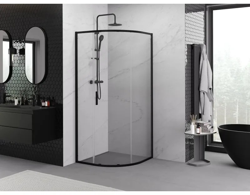 Mexen Exo, štvrťkruhový sprchovací kút s posuvnými dverami 70 x 70 cm, 6mm číre sklo, čierny profil, 8131-070-070-70-00