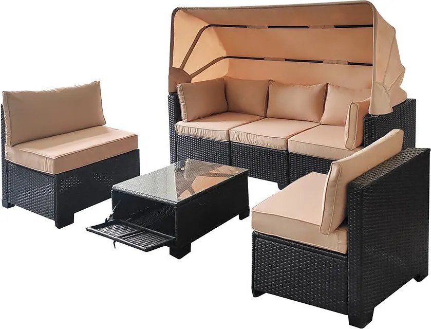 Veľký ratanový záhradný set Avenberg GALIA čierna/modrá + béžové poťahy