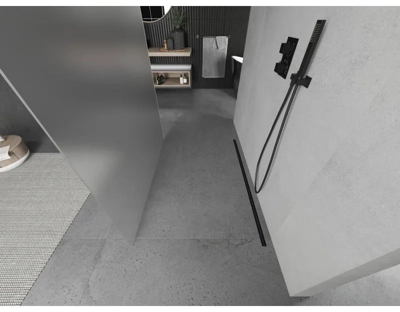 Mexen Kioto, priechodná sprchová zástena 100 x 200 cm, 8mm sklo námraza, 2x čierna stabilizačná rozpera, 800-100-002-70-30