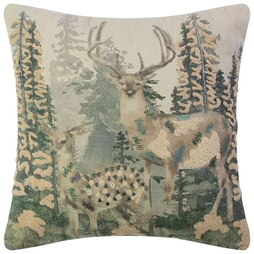 Béžový plátený vankúš s vyšitými aplikáciami Deer Forest - 45*45 cm
