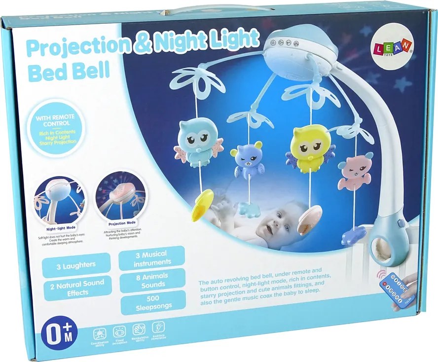 LEAN Toys Kolotoč na detskú postieľku s projektorom, melódiami a zvukmi zvierat, modrý