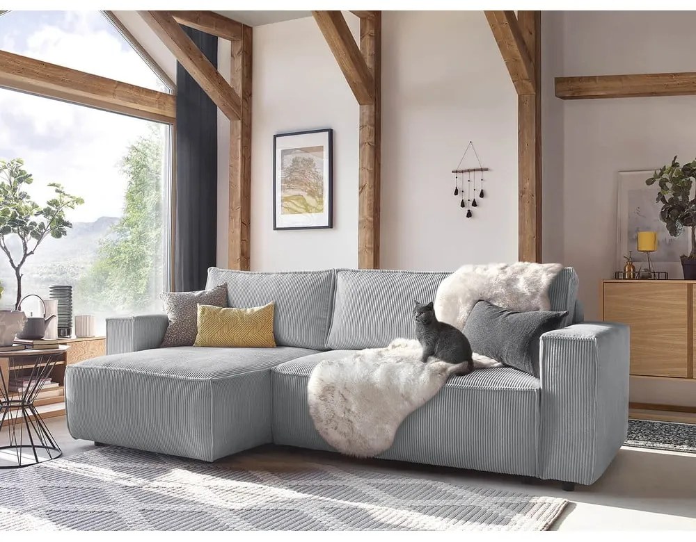 Svetlosivá menčestrová rozkladacia rohová variabilná pohovka Nihad – Bobochic Paris