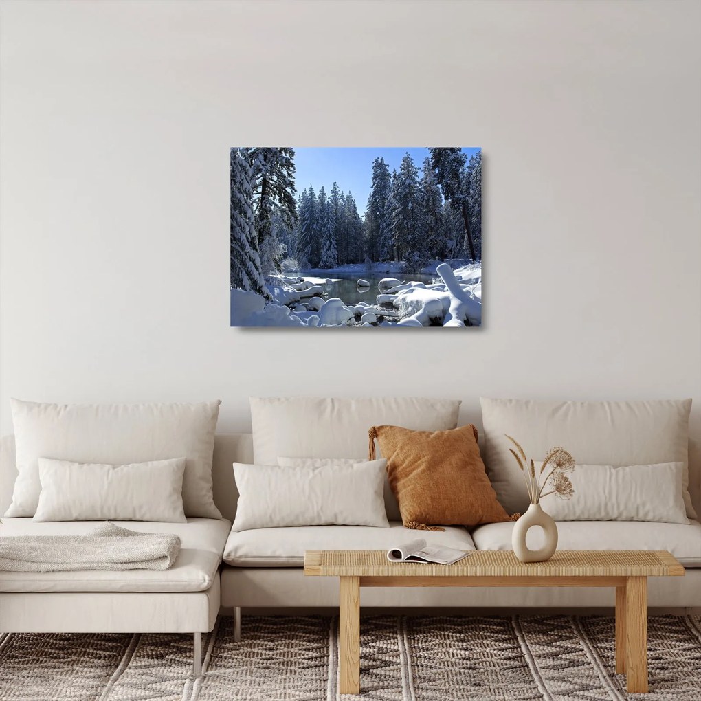 Sklenený obraz zasneženého lesa (70x50 cm)