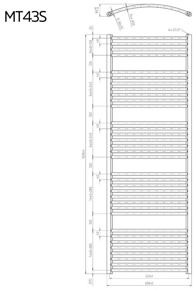 Mereo Mereo, Vykurovací rebrík, 600x1690 mm, 1277 W, oblý, biely, stredové pripojenie, MER-MT43S