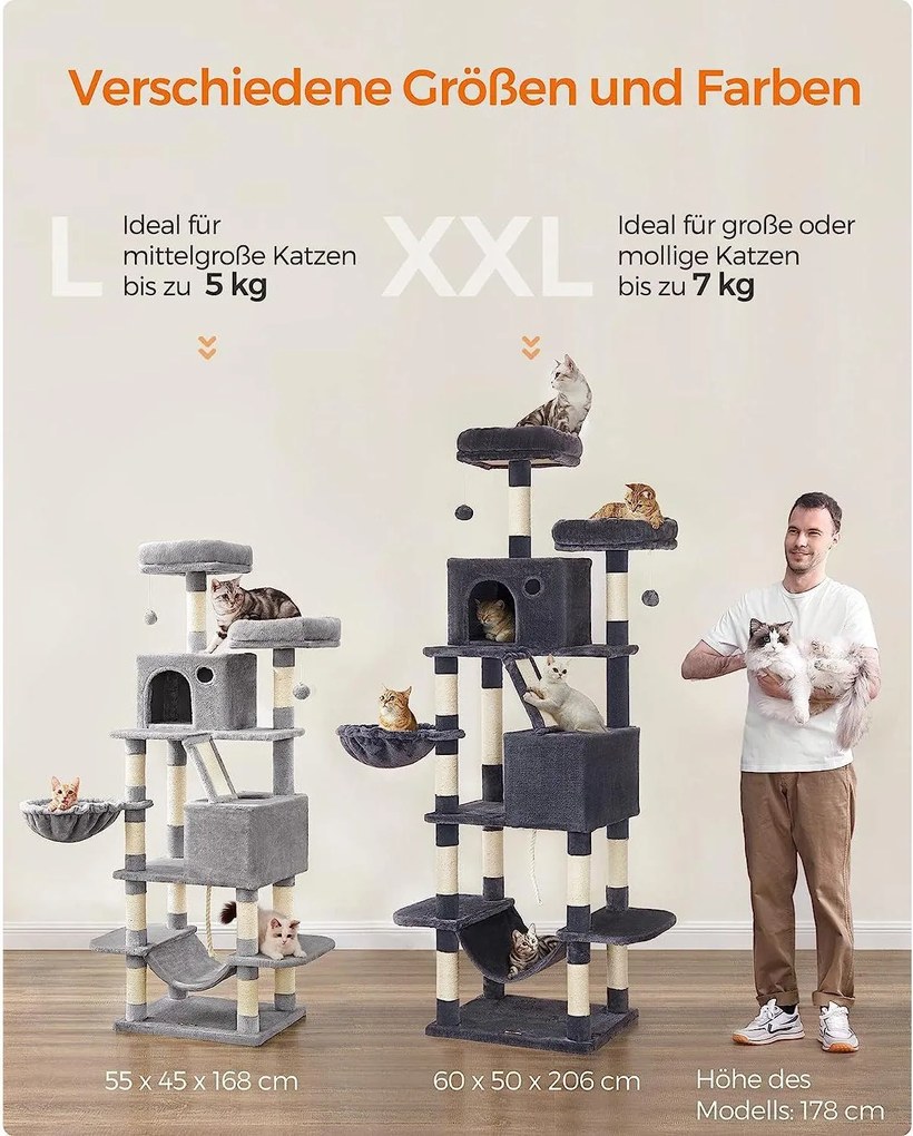 Veľké škrabadlo pre mačky, 168 cm vysoké, mačací strom L, dymovo sivé
