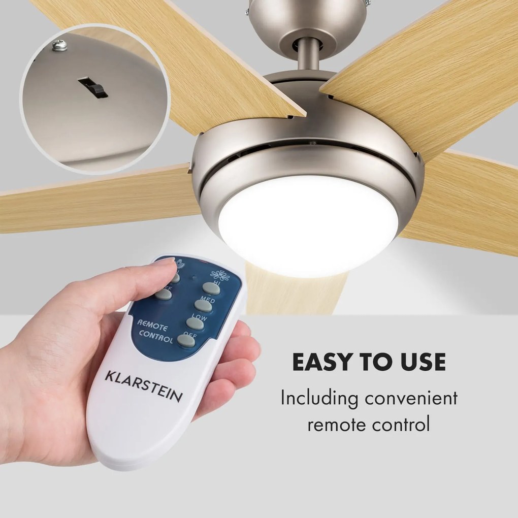 Klarstein Bolero, stropný ventilátor so svietidlom, 55 W, 134 cm, diaľkový ovládač, javorové ramená